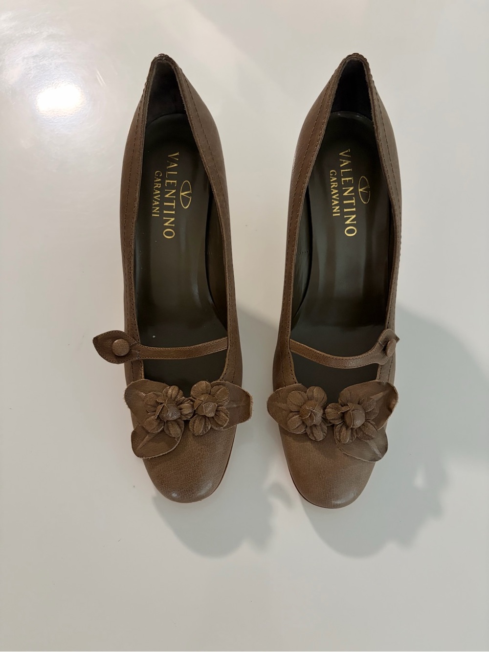 Valentino Brown Leather Floral Mary Jane Pumps